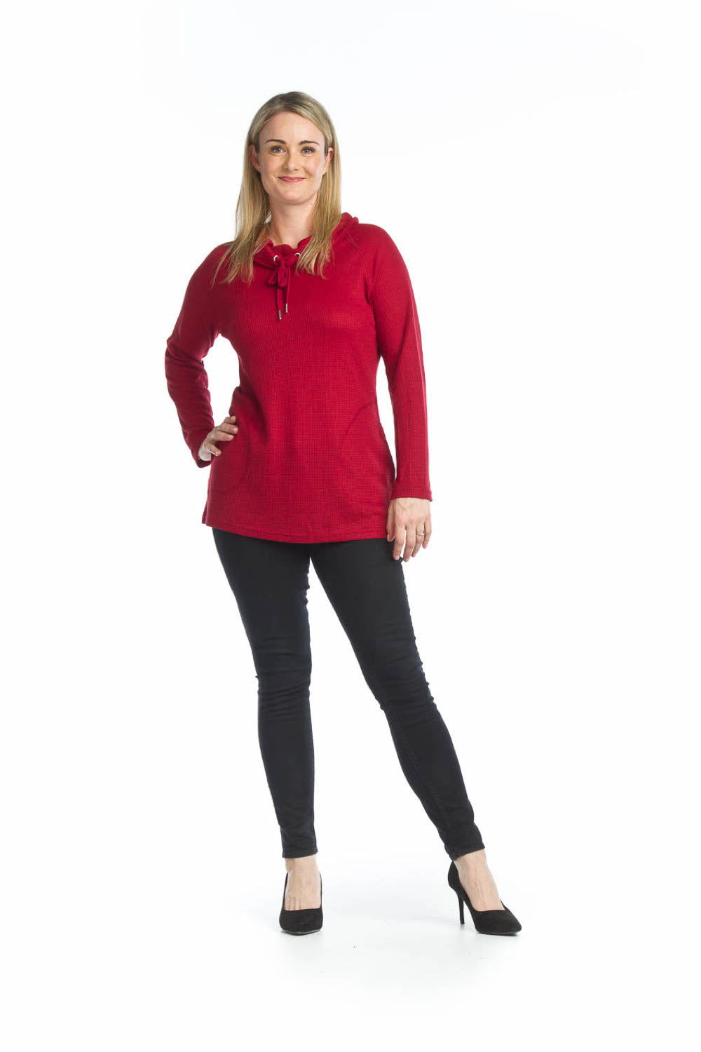 ST11214 BURGN Waffle Knit Cowl Neck Tunic  with Pockets