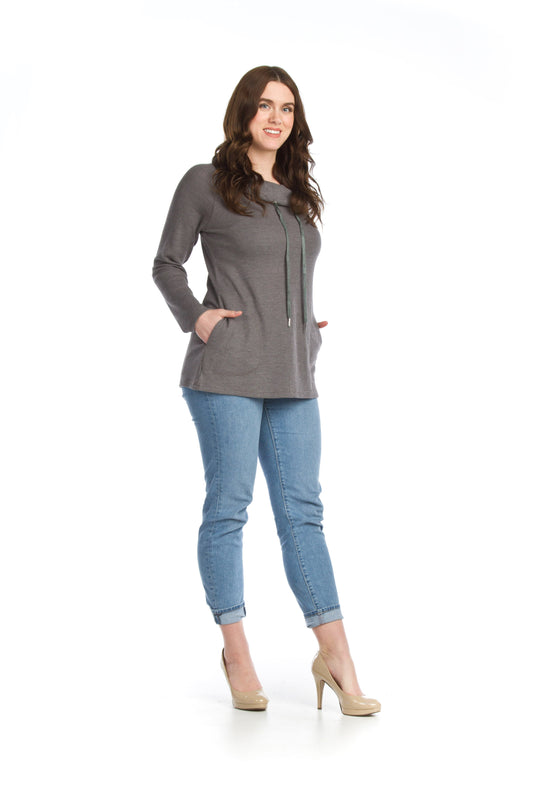 ST11214 CHARC Waffle Knit Cowl Neck Tunic  with Pockets