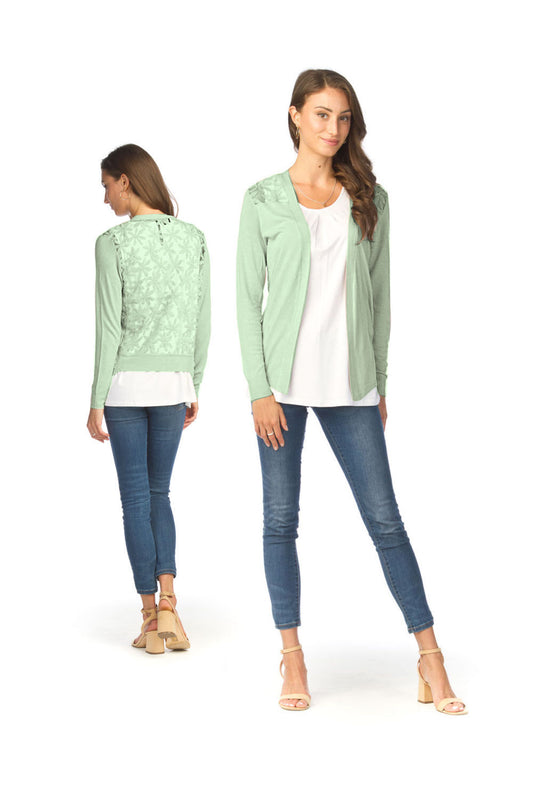 ST1302 SAGE Lace Back Long Sleeved Waterfall Cardigan