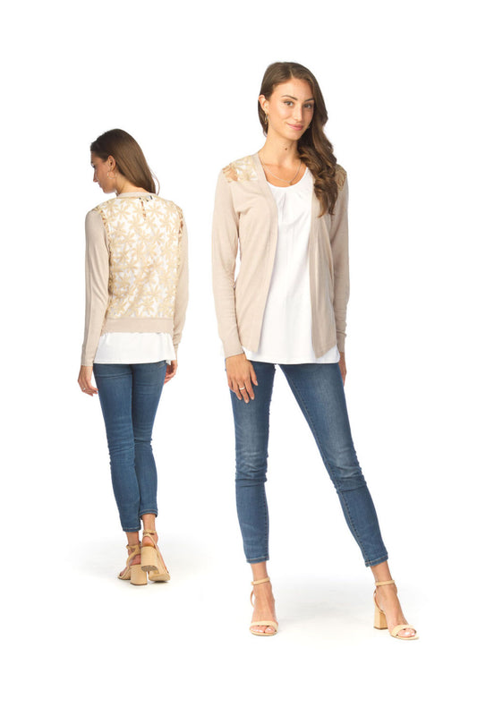 ST1302 TAN Lace Back Long Sleeved Waterfall Cardigan