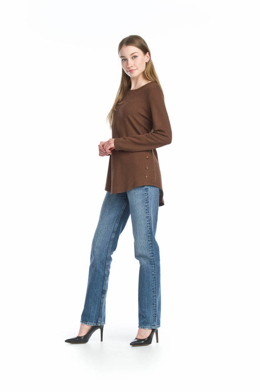 ST13207 BROWN Lightweight Sweater with Side Button Detail