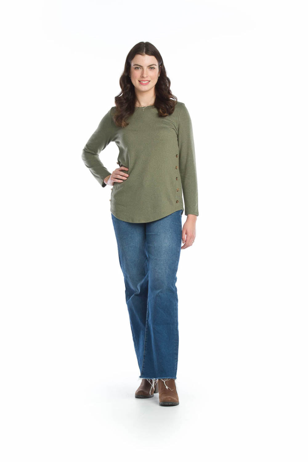 ST13207 KHAKI Lightweight Sweater with Side Button Detail