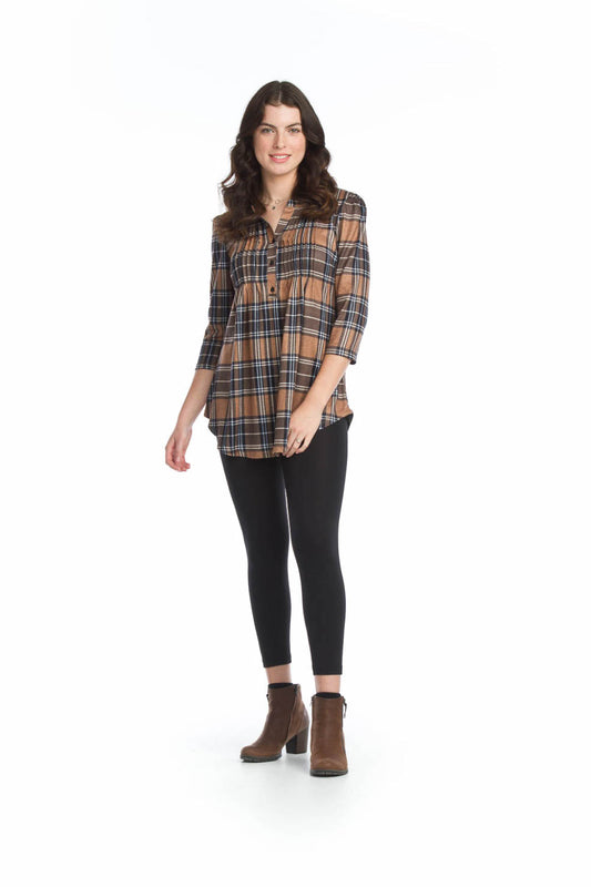 ST13298 BROWN Plaid Pintuck Henley Sweater Tunic