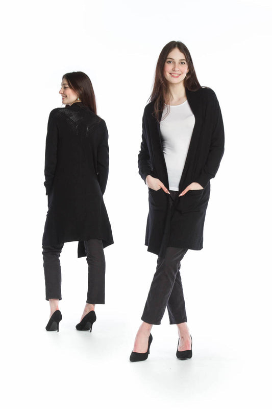 ST13303 BLACK Ribbed Pointelle Cardigan with Pockets