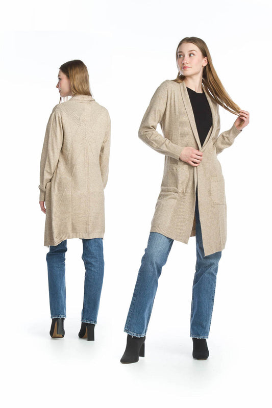 ST13303 TAUPE Ribbed Pointelle Cardigan with Pockets