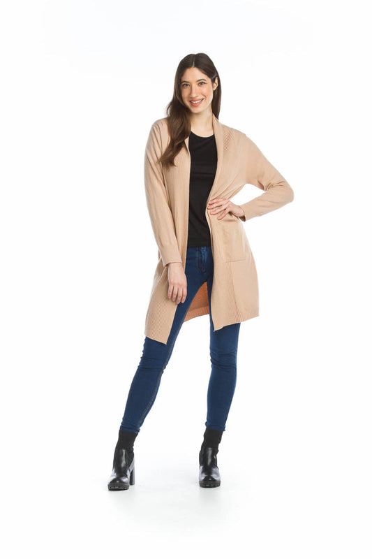 ST13303 CAMEL Ribbed Pointelle Cardigan with Pockets