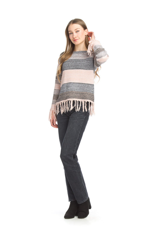 ST15201 PINK Stripe Knit Sweater With Fringe Detail
