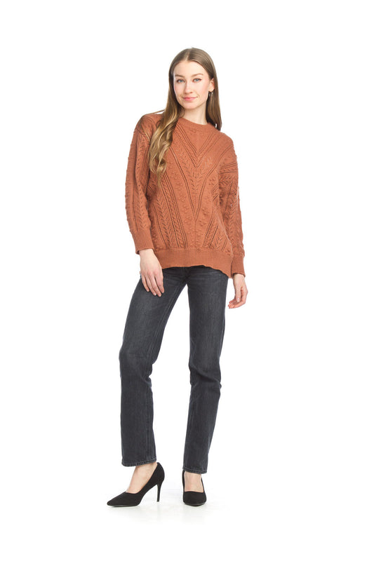 ST15228 BROWN V Cable Knit Sweater