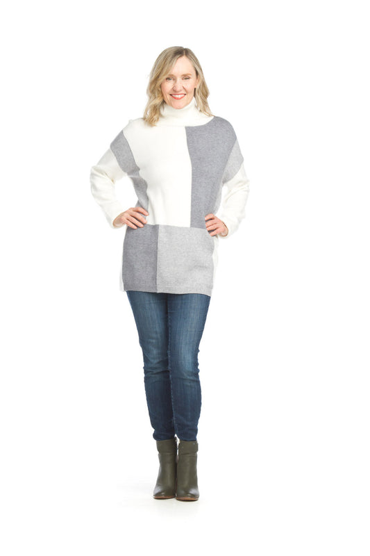 ST15253 GREY Color Blocked Cowl Neck Sweater