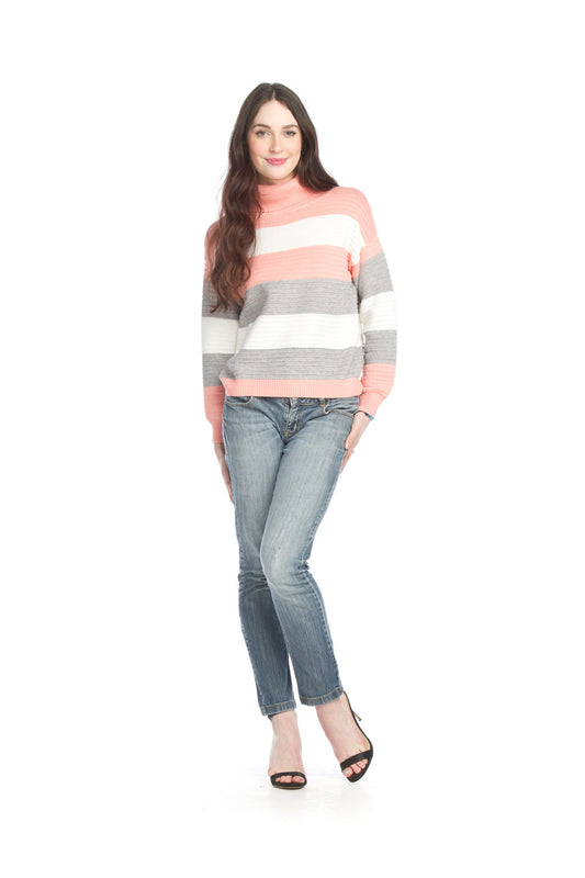 ST15257 PINK Ribbed Striped Cowl Neck Sweater