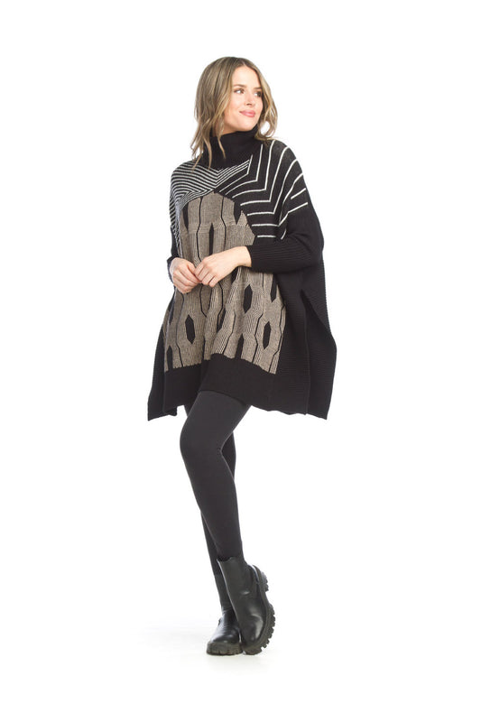 ST15270 BLACK Printed Sleeved Poncho Style Sweater