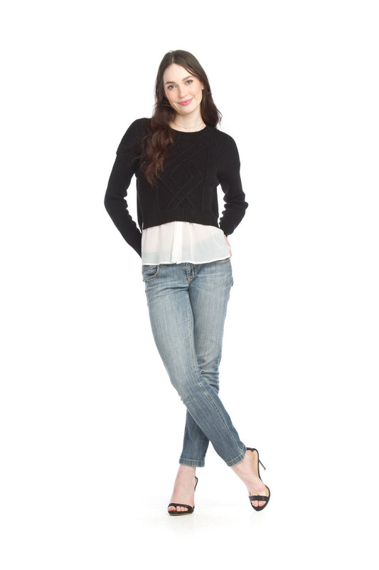 ST15290 BLACK Cable Knit Crop Sweater with Georgette Underlay