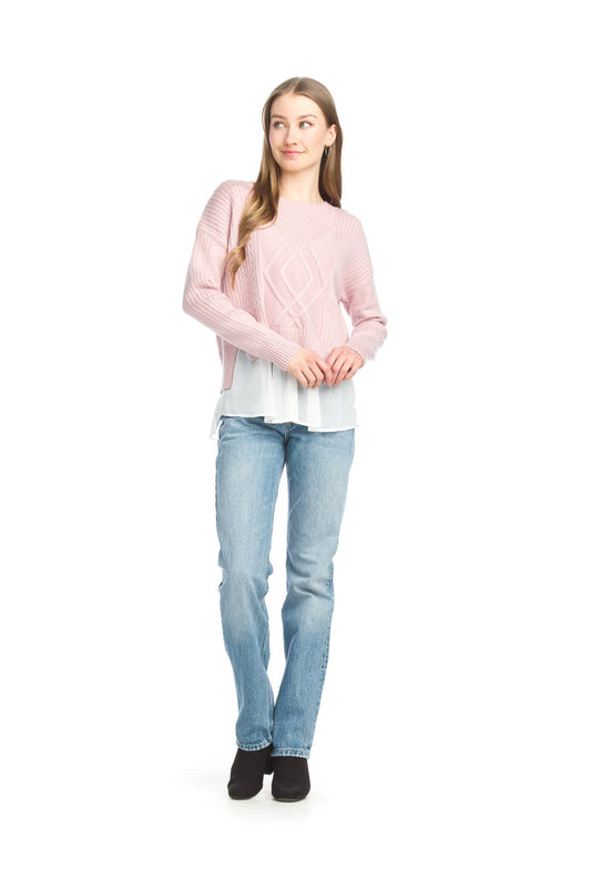 ST15290 BLUSH Cable Knit Crop Sweater with Georgette Underlay