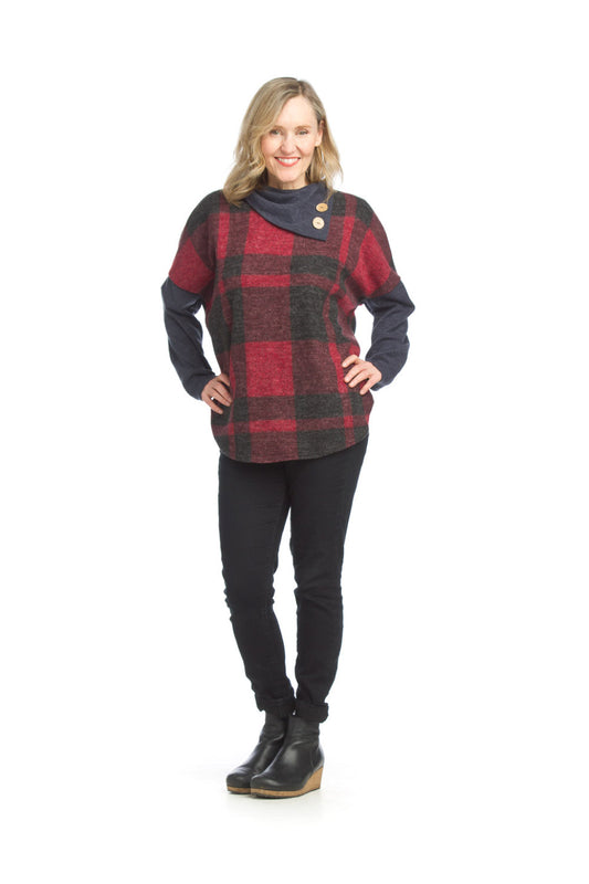 ST15305 WINE Plaid Drape Neck with Buttons Tunic