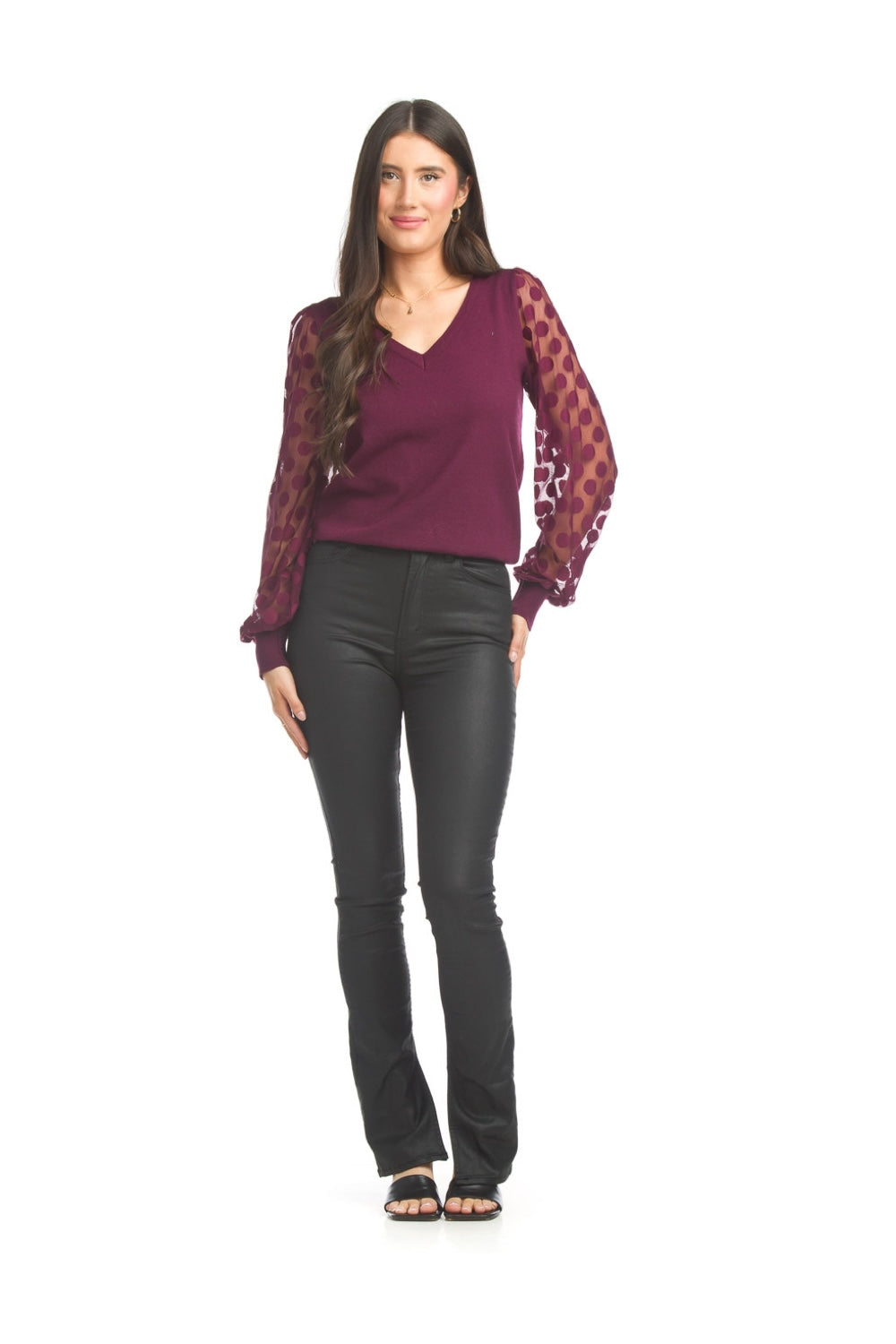 ST15306 BERRY V Neck Sweater with Sheer Polka Dot Sleeves