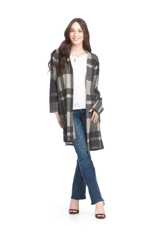 ST15309 GREY Plaid Long Crdigan with Pockets