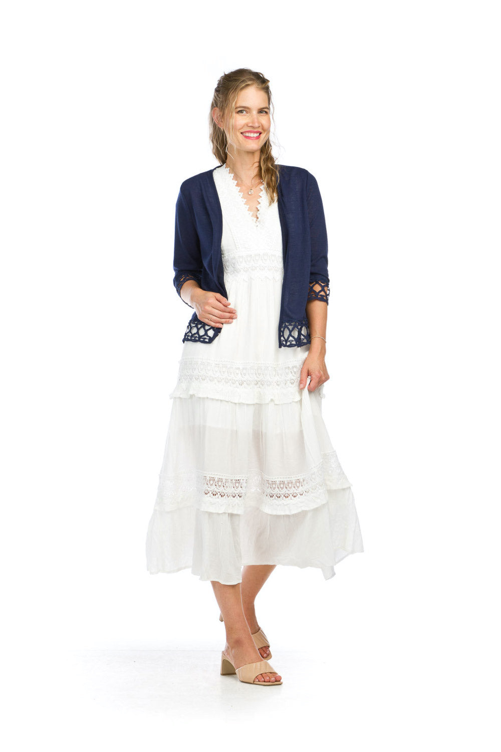 ST16202 NAVY Stretch Cardigan with Lace Trim