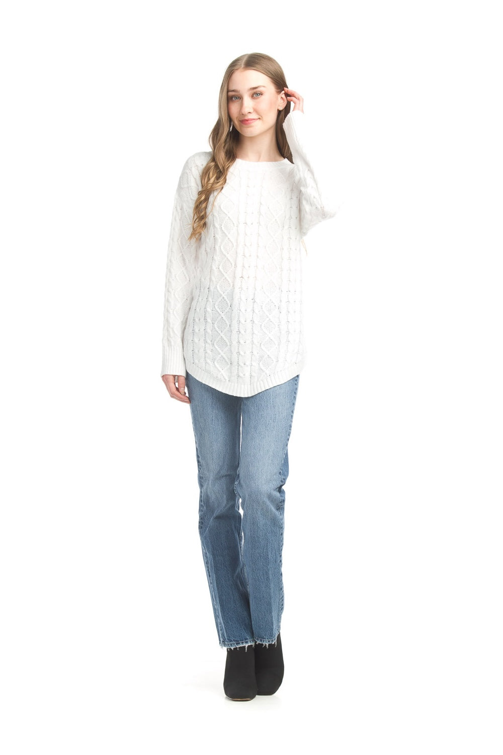 ST17219 WHITE Cable solid U bottom ribbed sleeve sweater