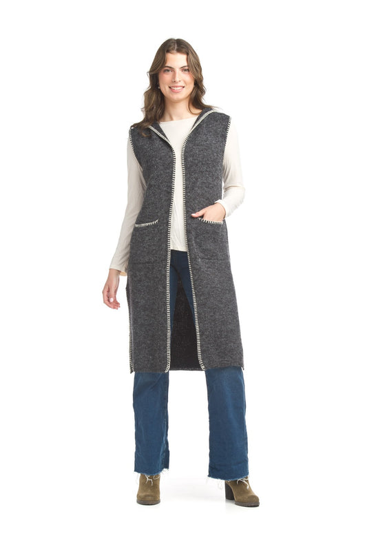 ST17228 BLACK Heathered long vest with stitch details