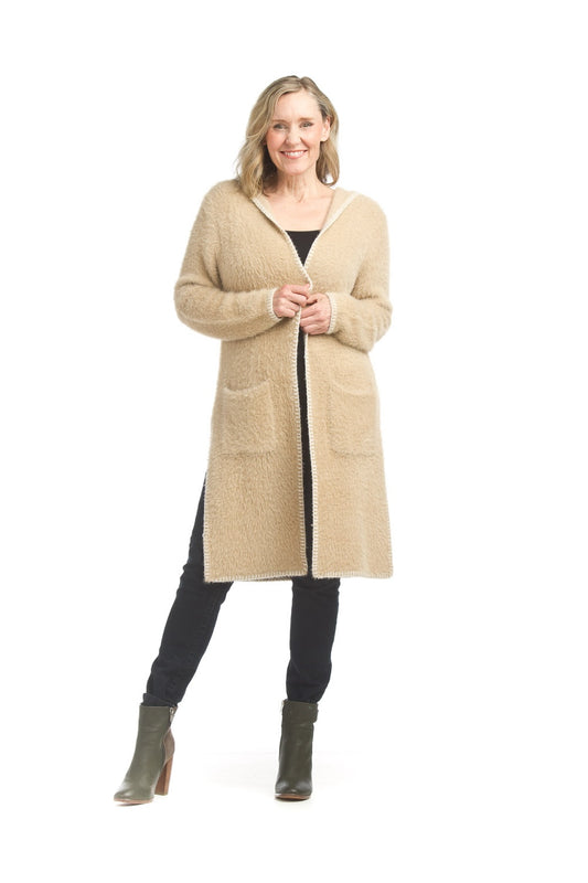 ST17229 SAND Hooded eyelash cardigan  with stitch detail