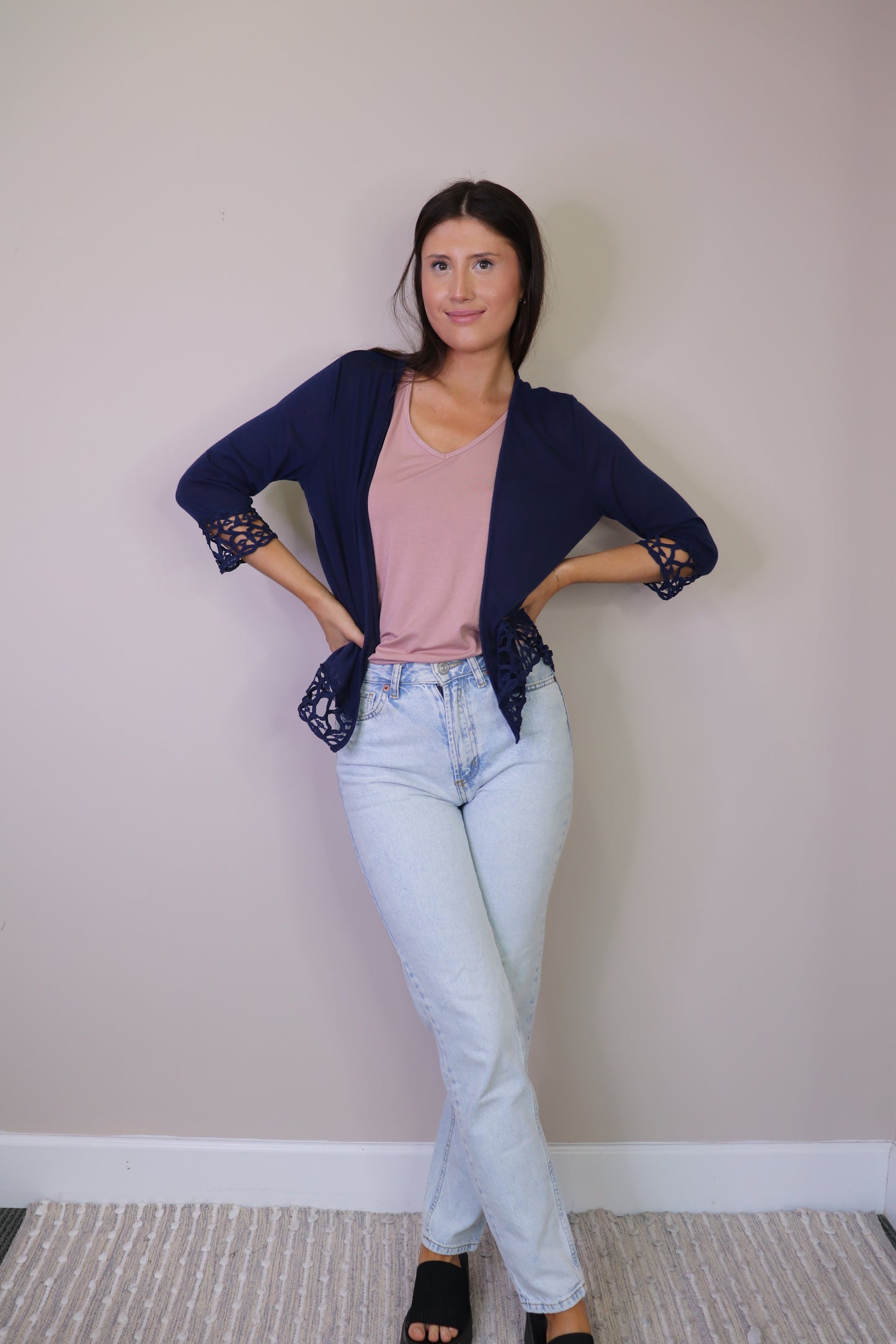 ST16202 NAVY Stretch Cardigan with Lace Trim