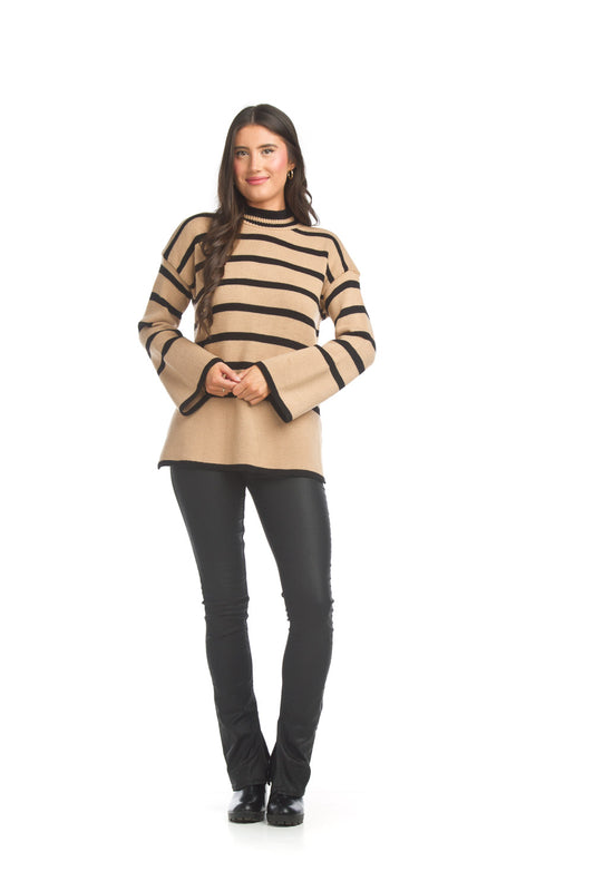 ST17206 TAN Knit Stripe High Neck w Side Slit & Bell Sleeve