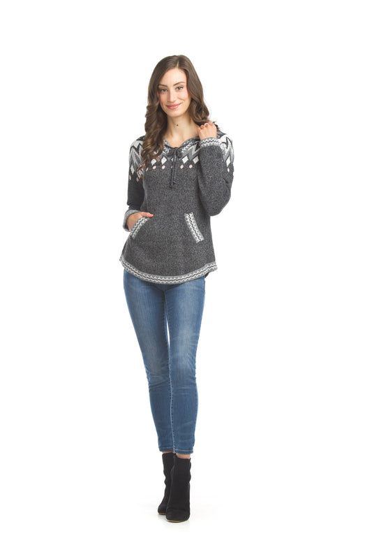 ST17215 CHARC Ikat Design Pullover Sweater with Hood & Pocketx