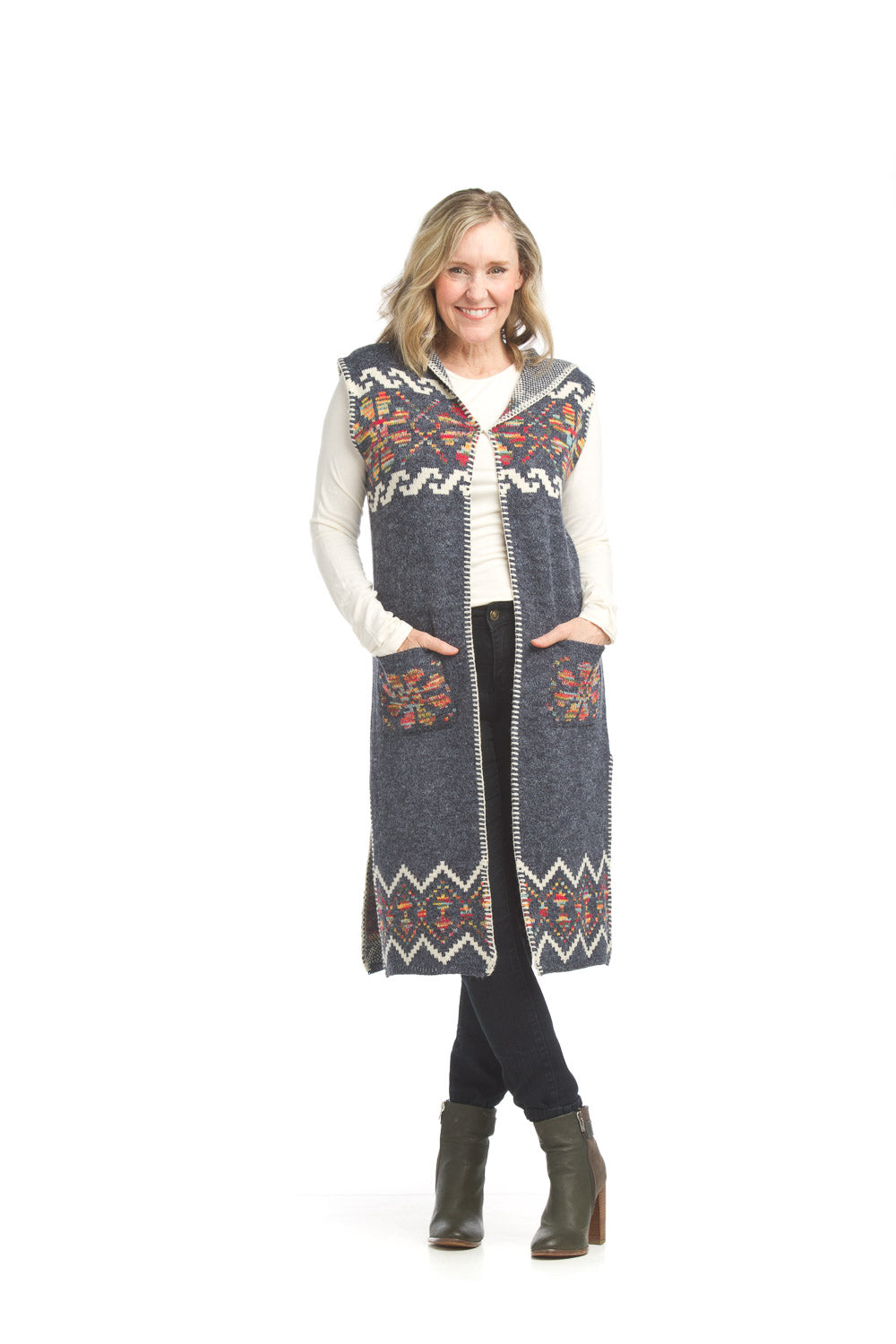 ST17227 NAVY Fairisle long blanket stich vest w patch pockets