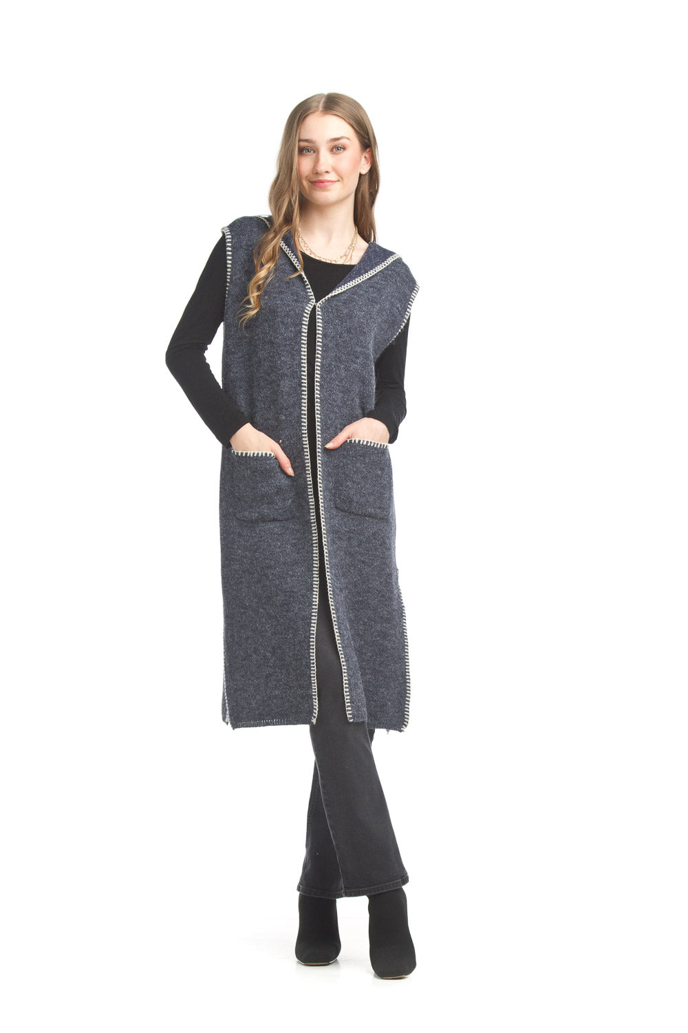 ST17228 NAVY Heathered long vest with stitch details