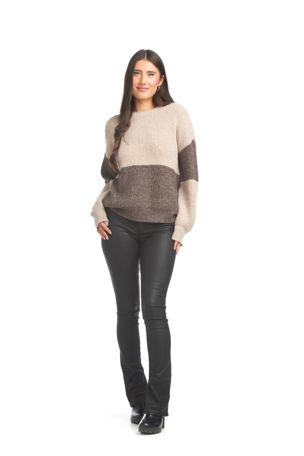 ST17230 BROWN Colorblock pull over sweater