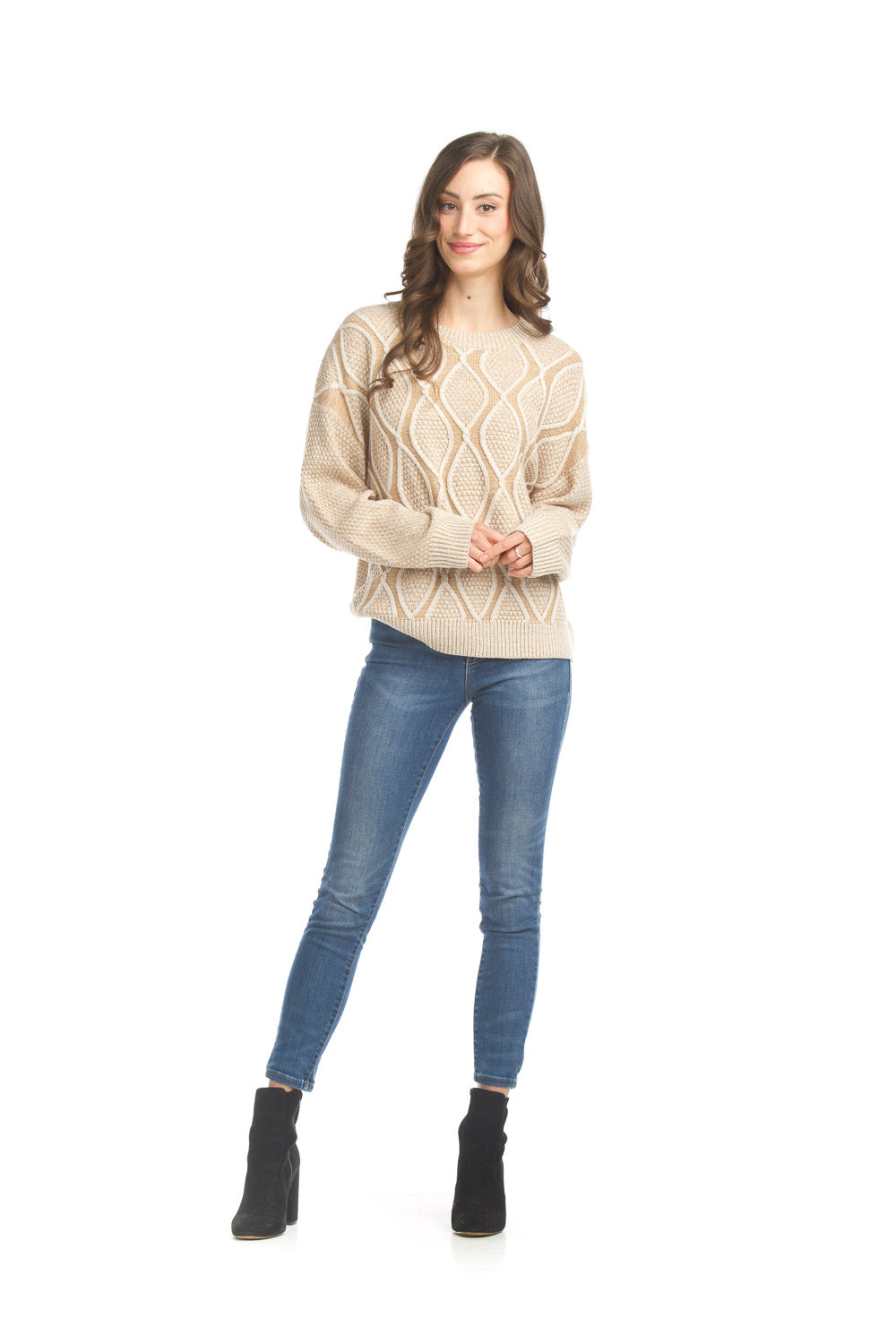 ST17234 TAUPE Diamond print detail ribbed detail sweater