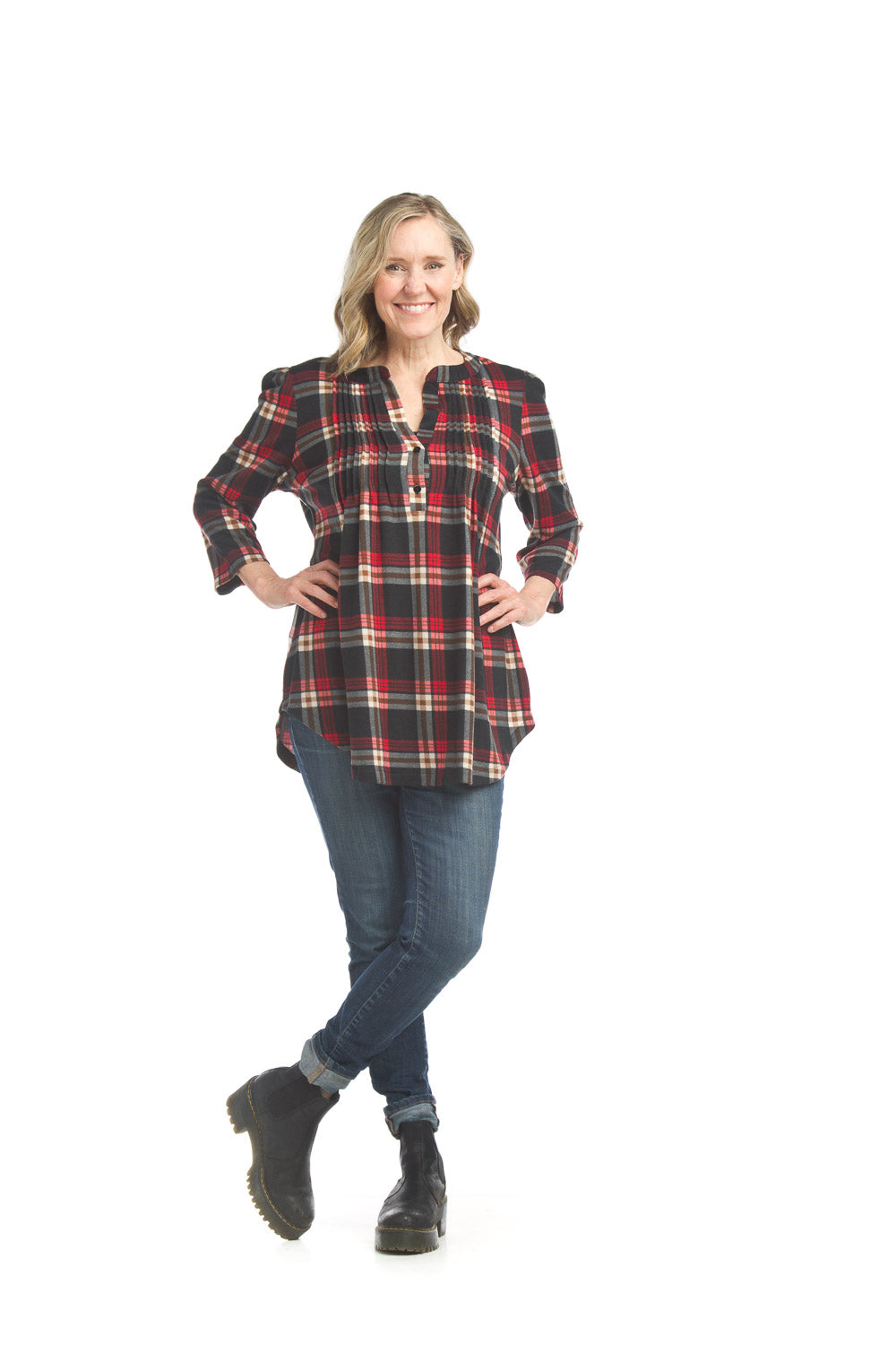 ST17249 BLKRD Plaid Pintuck Shirt Hem Sweater with 3/4 Sleeves