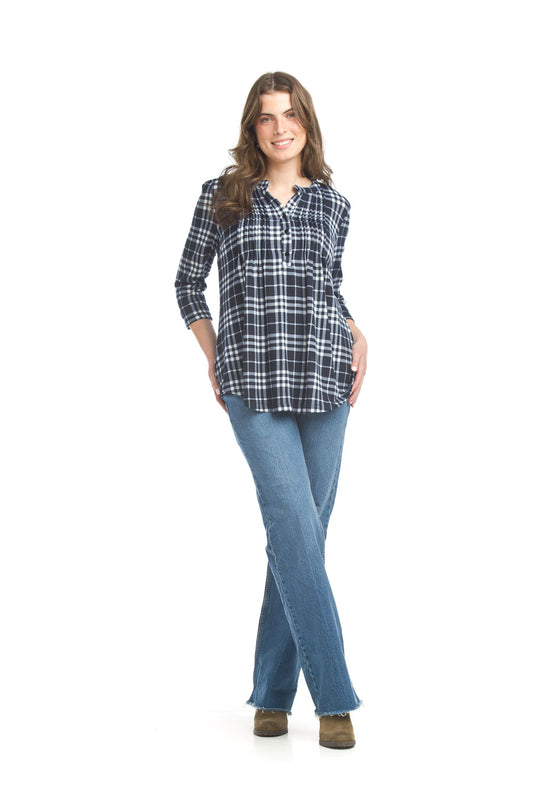 ST17252 BLUE Plaid Pintuck Shirt Hem Sweater with 3/4 Sleeves