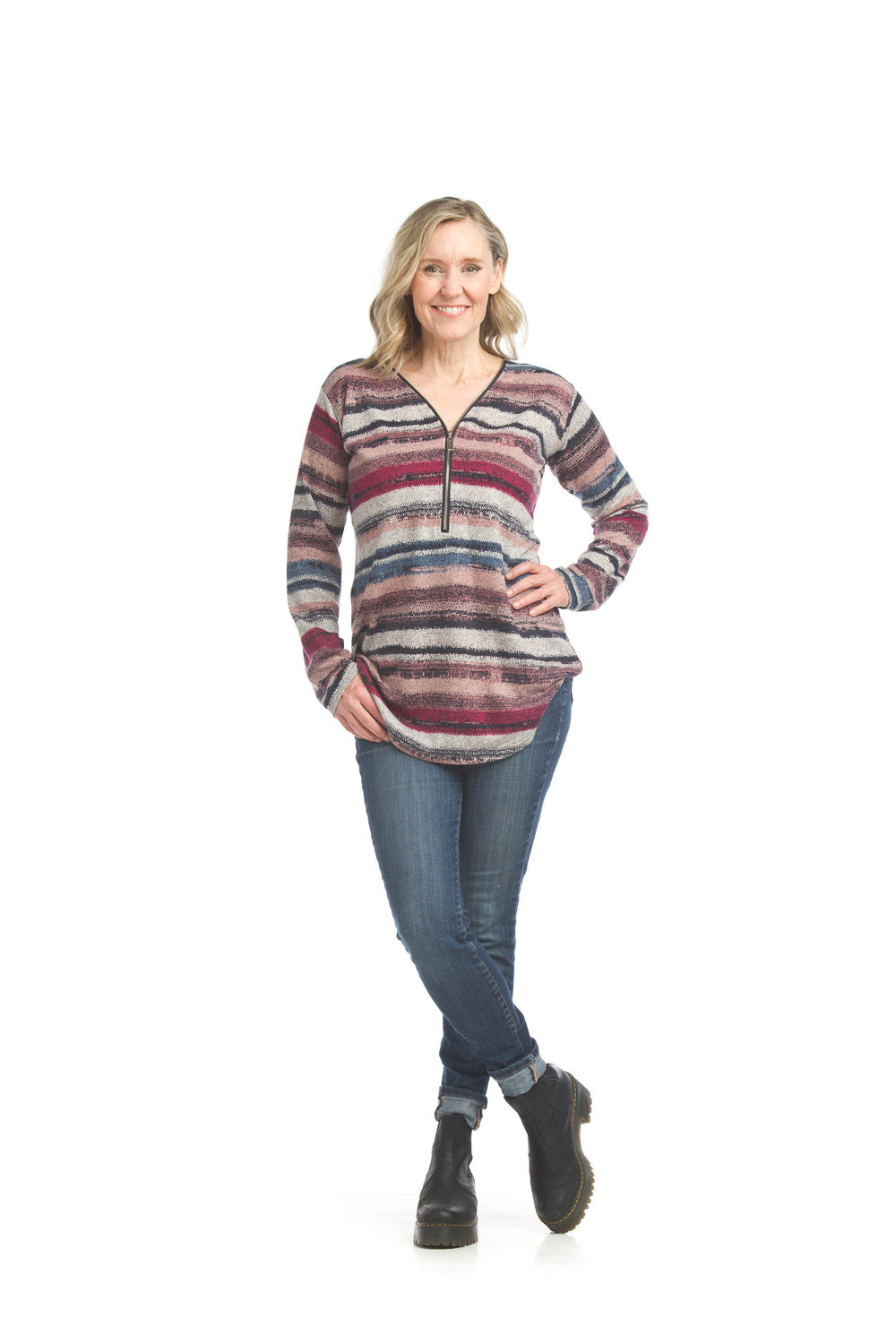 ST17253 BLUE Striped Half Zip Sweater