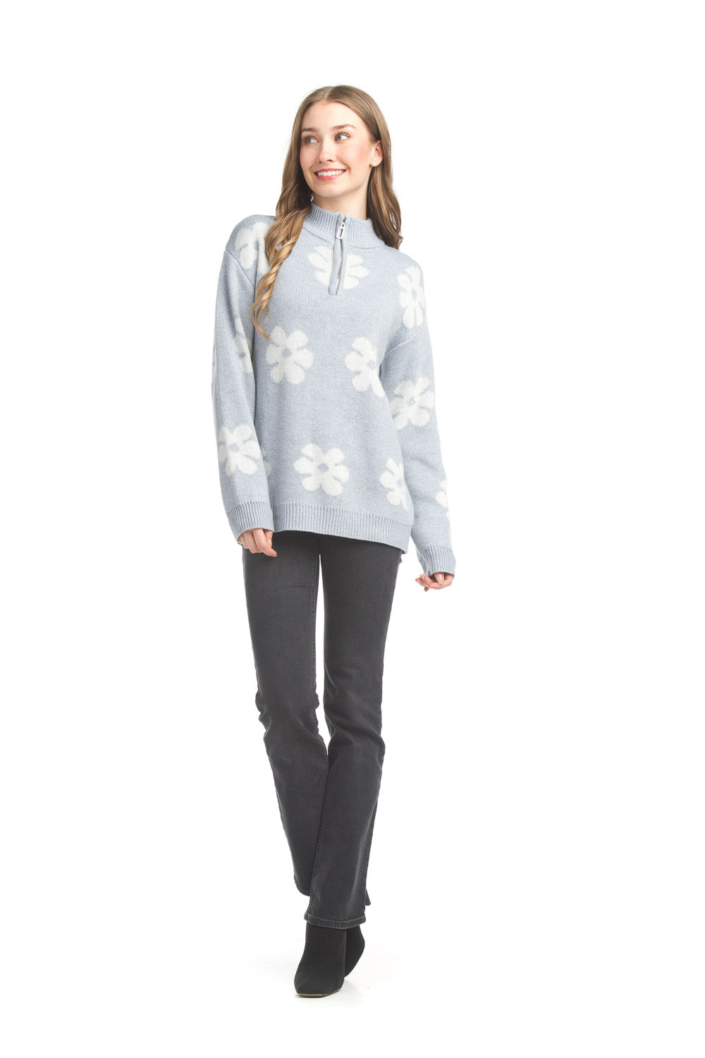 ST17258 GREY Daisy Half Zip Pullover Sweater