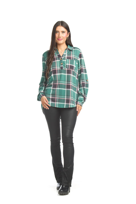 ST17263 GREEN Plaid Henley Collared Sweater