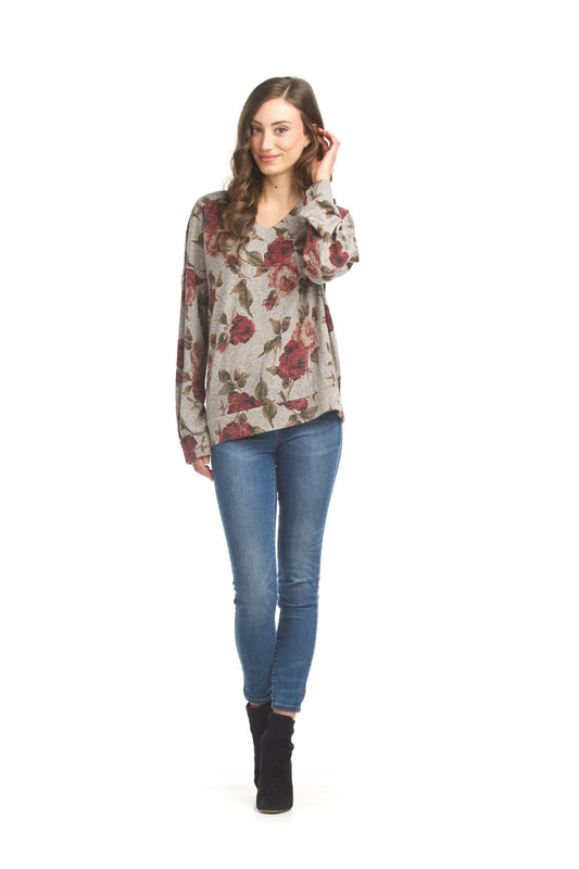 ST17268 TAUPE Floral V Neck Knit Pullover Top