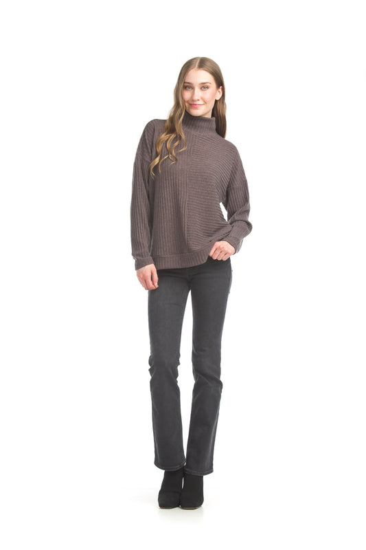 ST17269 MOCHA Mock Neck Ribbed Knit Top