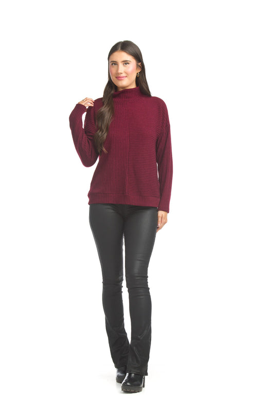 ST17269 WINE Mock Neck Ribbed Knit Top