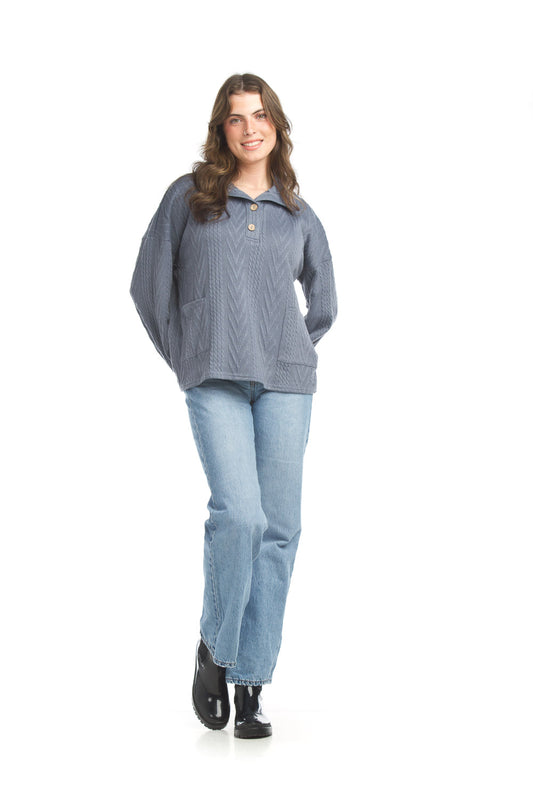 ST17270 DENIM Textured Design Knit Henly Collar Top with Pocket