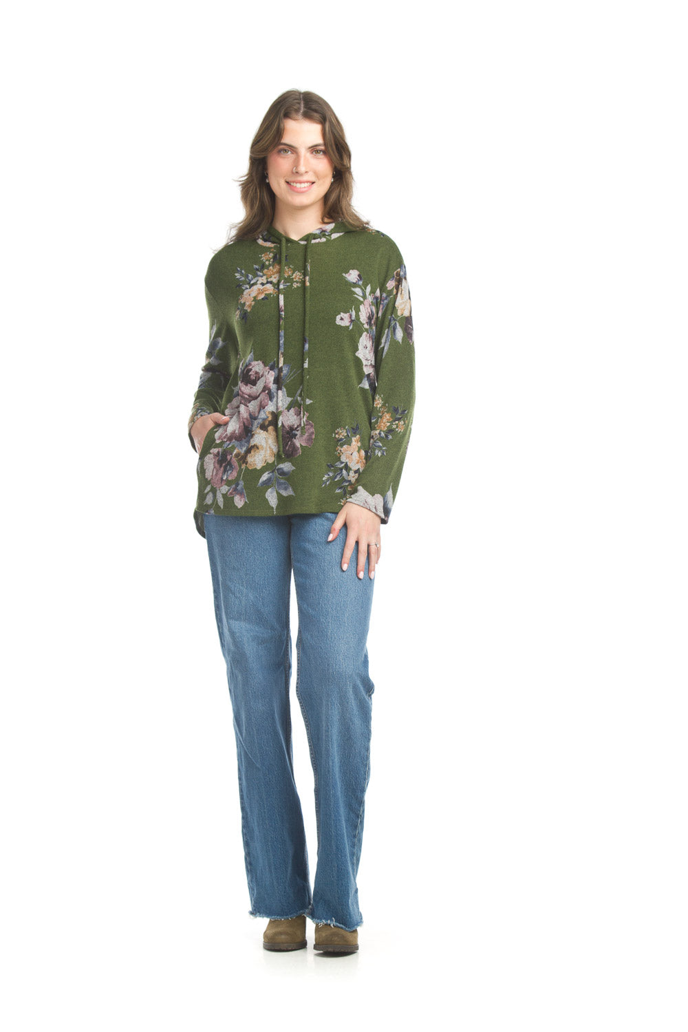 ST17272 GREEN Floral Hoody Top