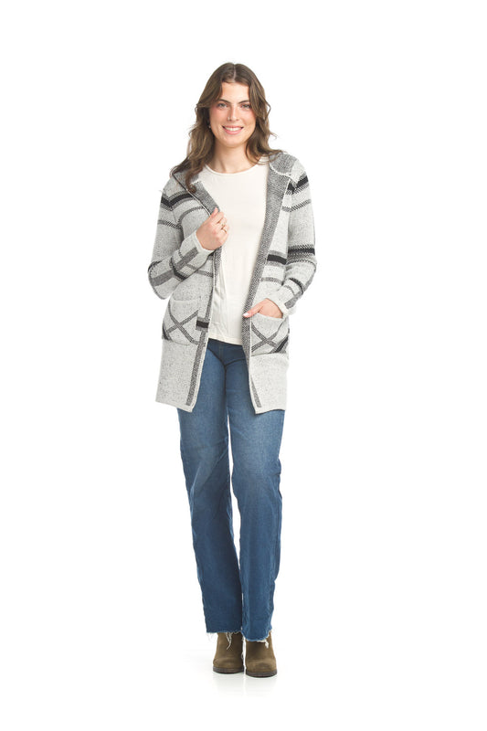 ST17282 GREY Plaid Knit Cardigan with Pockets & Hood