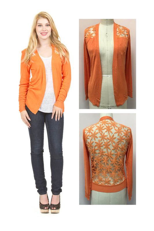 ST1302 RUST Lace Back Long Sleeved Waterfall Cardigan