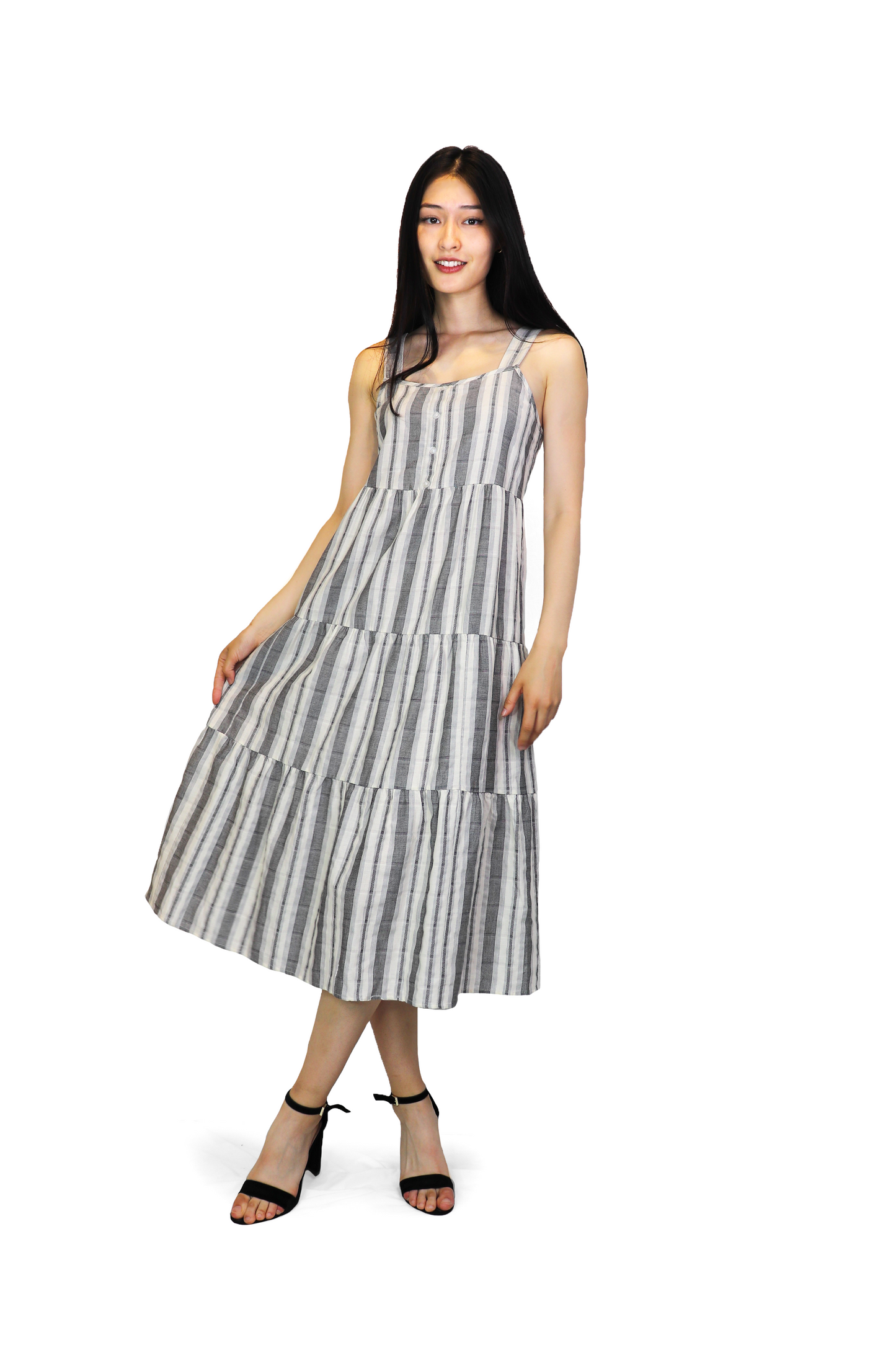 PD12617 CREAM Natural Geo Striped Tiered Midi Dress