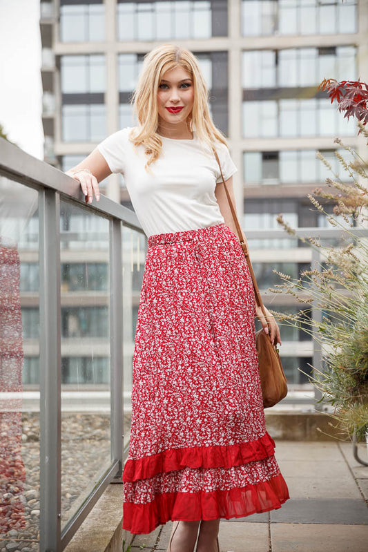 PS01912 RED Ditsey Floral Print Ruffle Hem skirt